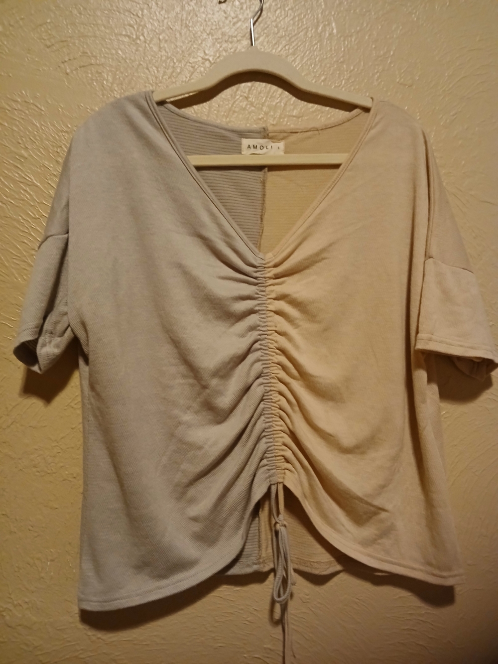 AMOLET Ruched Drawstring V-Neck Short Sleeve Top in Beige